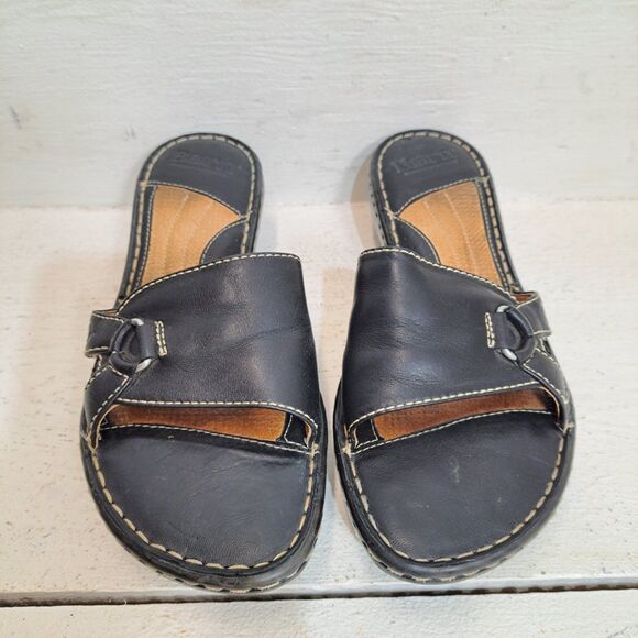 Born Wedge Sandals Open Toe  Black Leather Slip On Sandals Women's Size 8 W - Picture 1 of 6
